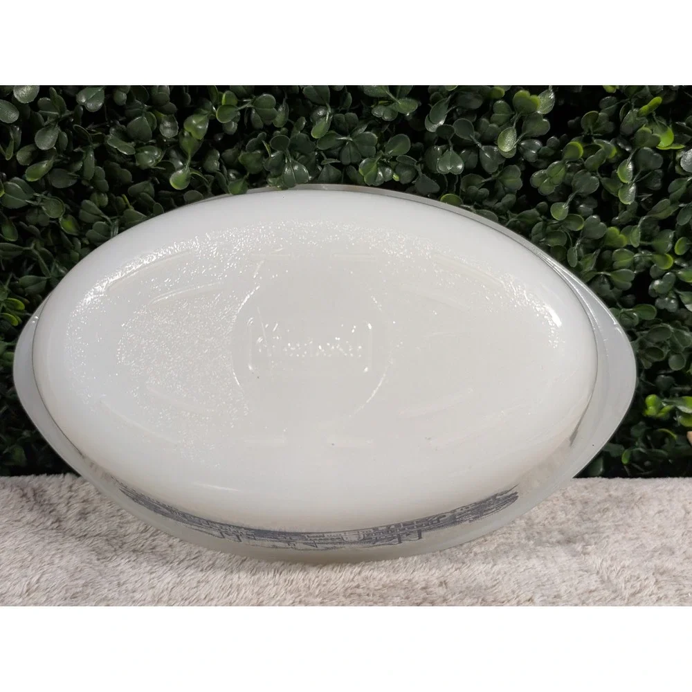 Vtg Glasbake Currier & Ives Blue Steamboat Milk Glass Oval Casserole Dish w/ Lid